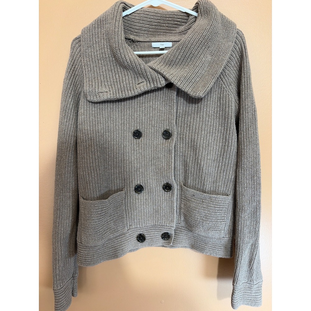 Gap Womens Taupe Rib Knit Double Breasted Cardigan Sweater Shawl Collar Medium
